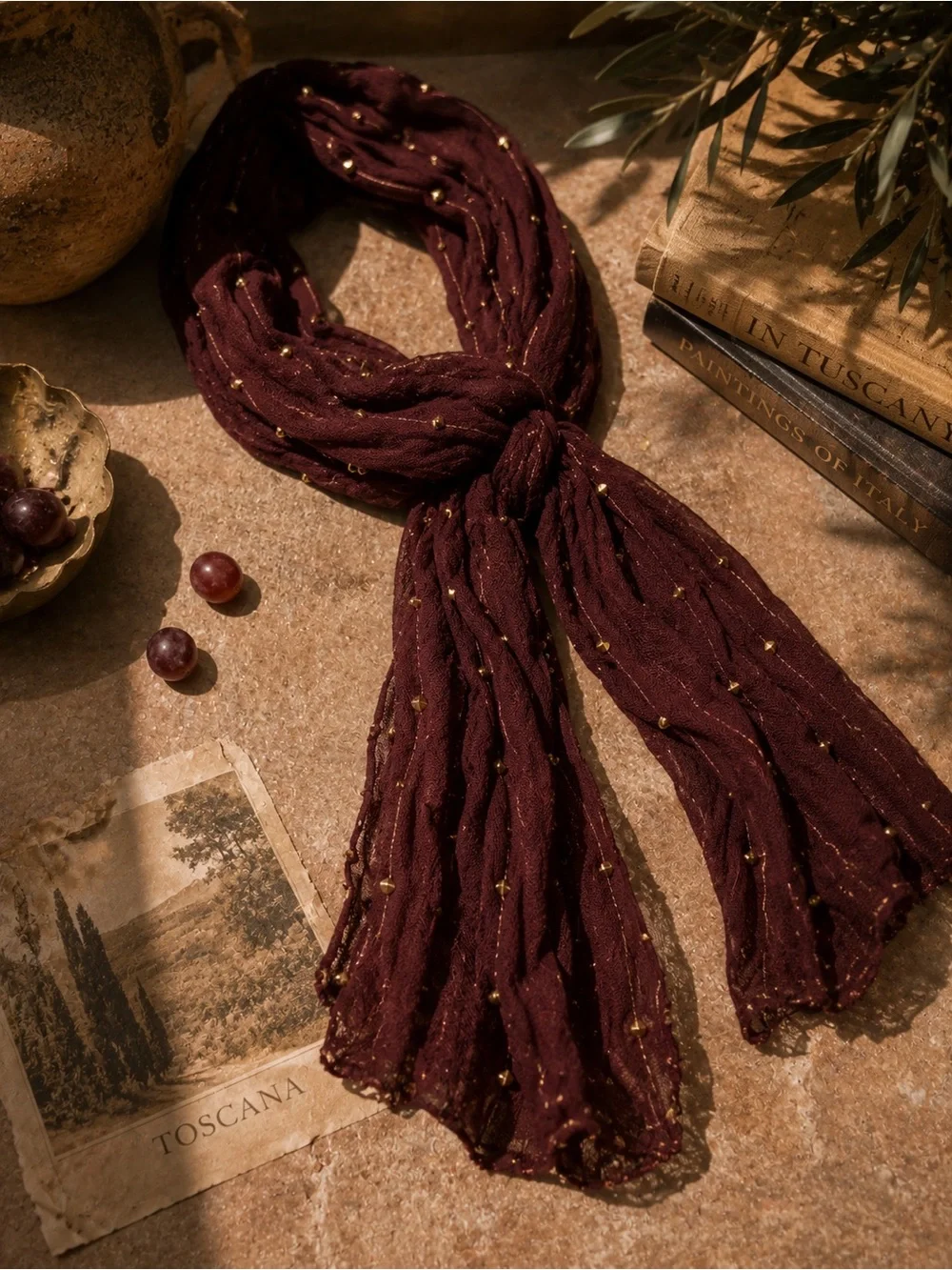 Brown Gold Beaded Crinkle Scarf Boho Festival Y2K Tuscan Mom
